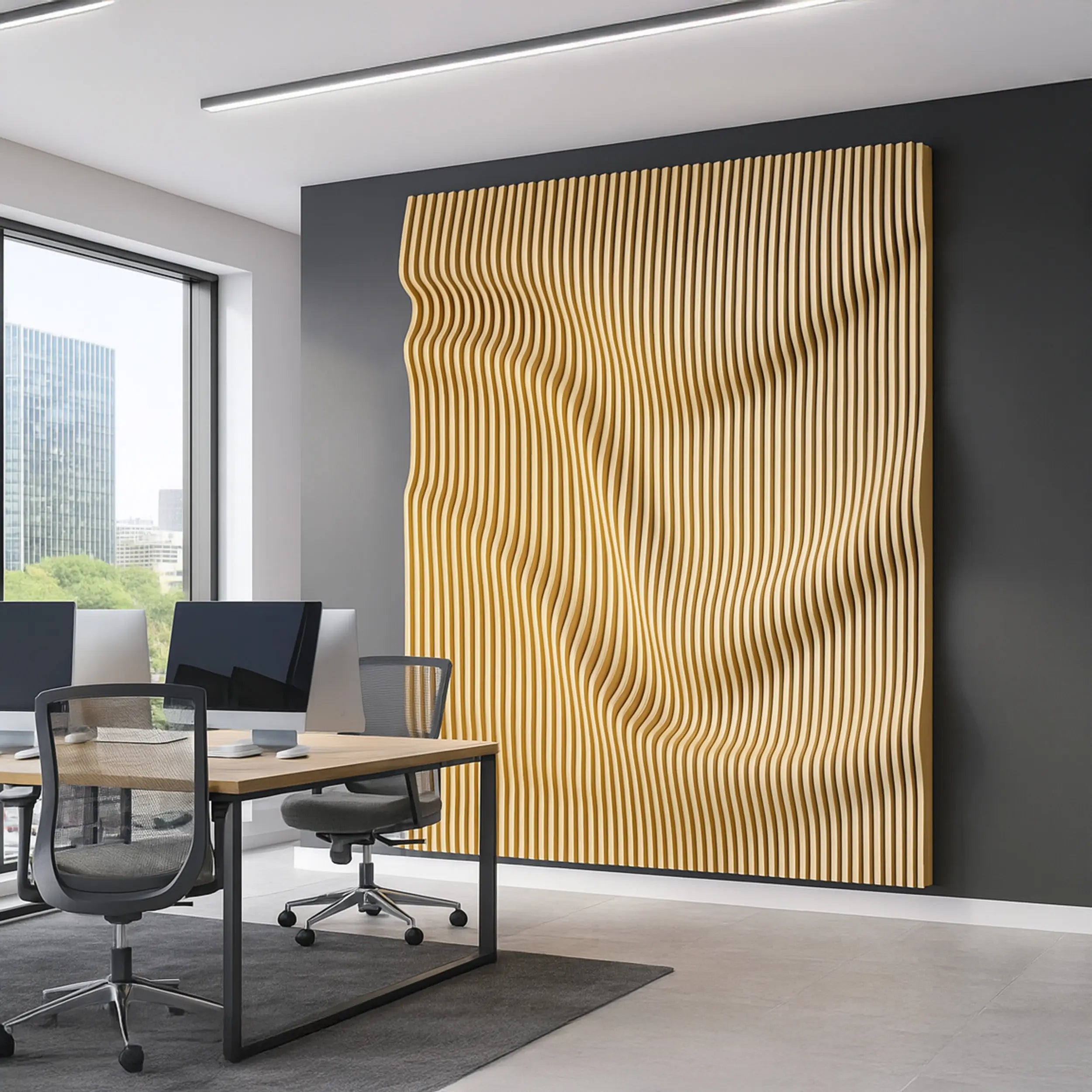 Modern office interior with a decorative wall panel and office furniture.